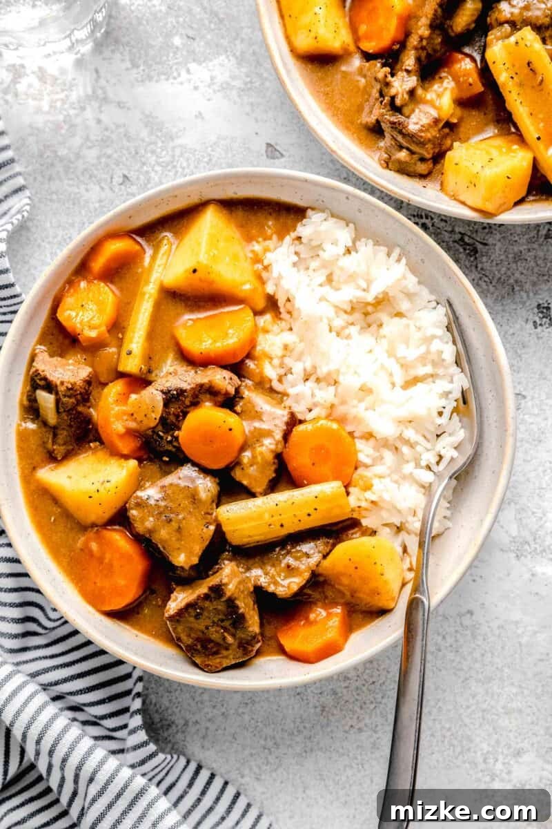 Golden Japanese Curry 3 overhead image of beef, potatoes, carrots, celery in a stew-like sauce on a bed of white rice with a fork in a rimmed ceramic bowl next to another bowl of the same contents.
