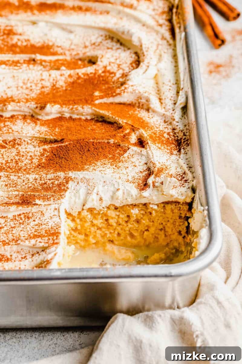 Homemade Tres Leches Cake in a pan, showcasing its fluffy topping and a missing slice. A freshly prepared tres leches cake in a baking pan with one slice already removed, ready for serving.
