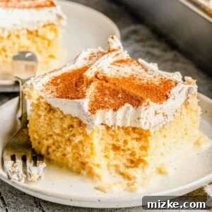 Two slices of tres leches cake on plates with a fork next to the cake pan.