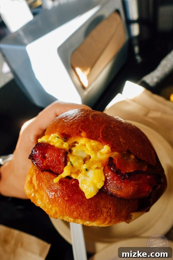 Close-up of the Fairfax sandwich, showing its fluffy eggs and delicious ingredients.