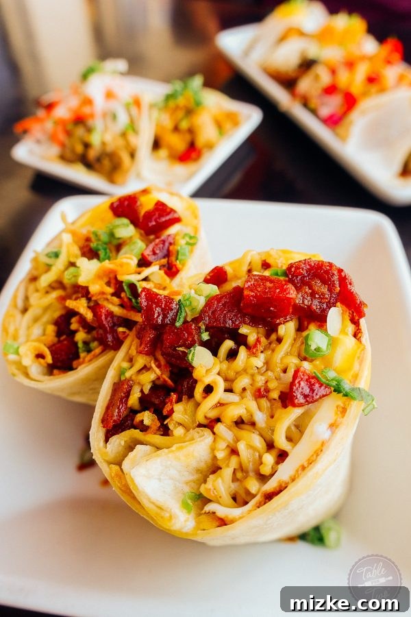 Indulgent ramen burrito from Komodo, a unique Asian fusion creation.