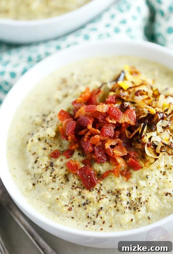 Golden Roasted Broccoli Cauliflower Soup with Savory Bacon Leek Crunch 4 A vibrant overhead shot of the hearty broccoli and cauliflower soup, showcasing the perfectly roasted vegetables and golden crispy toppings.
