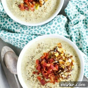 Roasted Broccoli and Cauliflower Soup with Crispy Leeks and Bacon