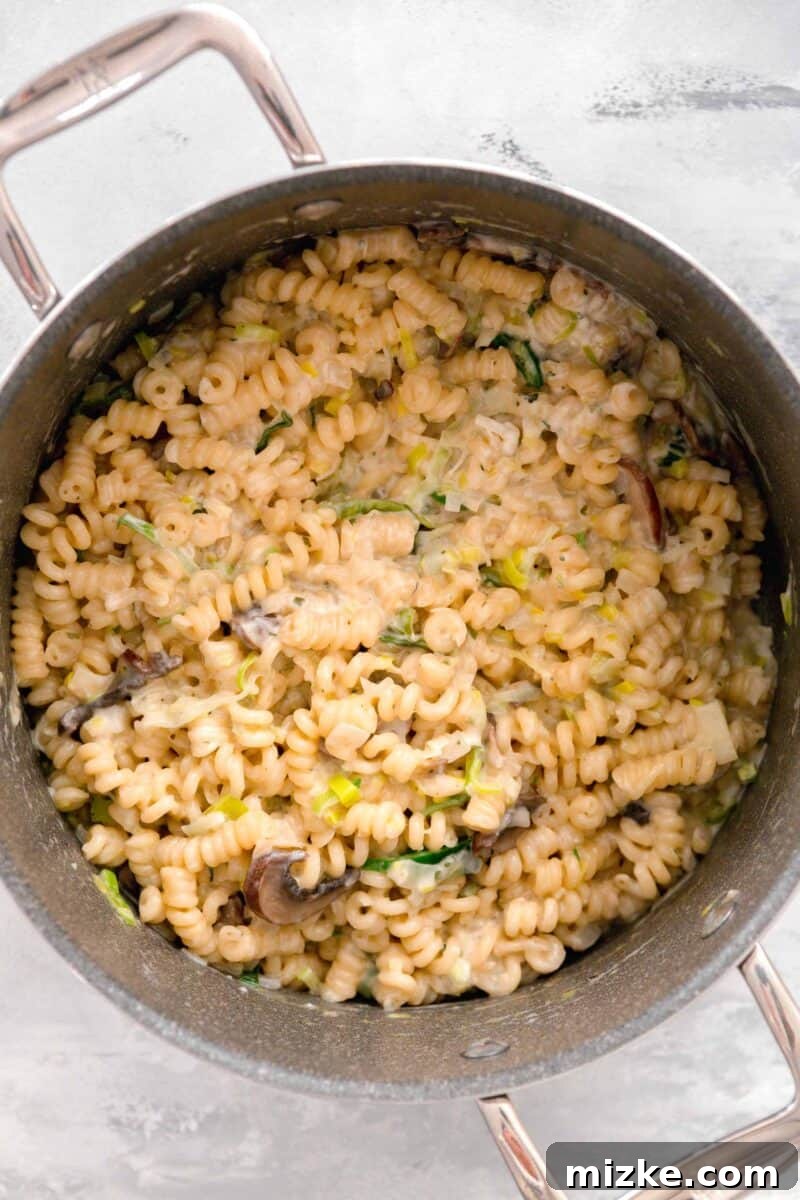 Velvety Mushroom and Leek One-Pot Pasta 2 Creamy Boursin cheese melted into a delicious one-pot mushroom and leek pasta mixture, showcasing its rich texture.