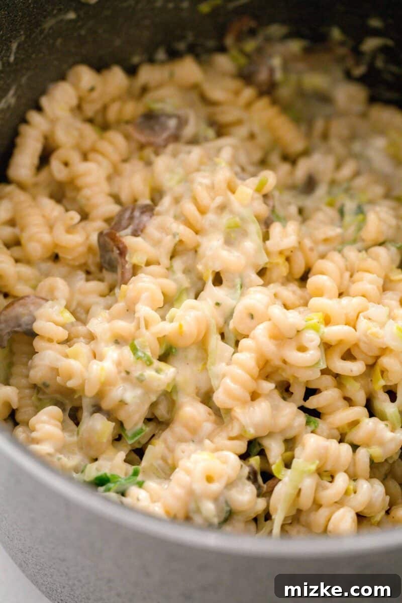 Velvety Mushroom and Leek One-Pot Pasta 3 Close-up of spiral pasta coated with creamy Boursin cheese sauce, mixed with mushrooms and leeks.