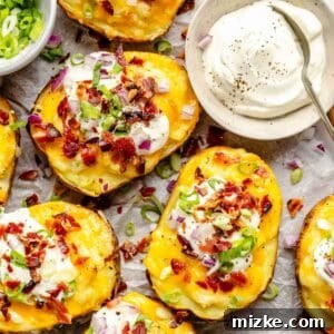 Creamy sour cream in a dish next to a batch of freshly baked twice baked potatoes, garnished with chives.
