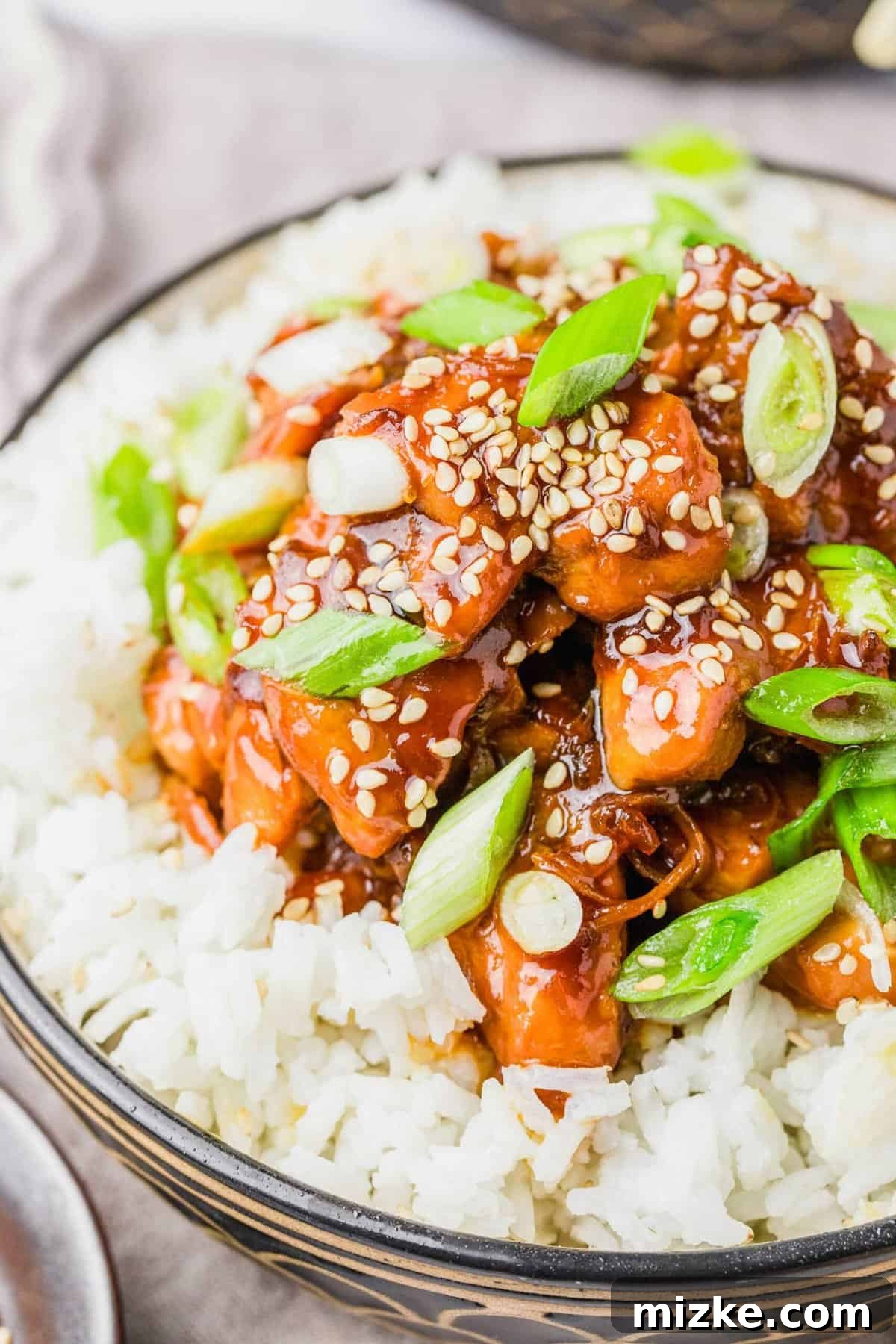 Closeup of Honey Sesame Chicken with Rice A close-up view of the honey sesame chicken, glistening with sauce, served over a soft bed of white rice, highlighting its appetizing texture and rich color.