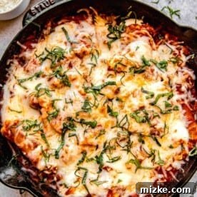 Overhead image of skillet lasagna.