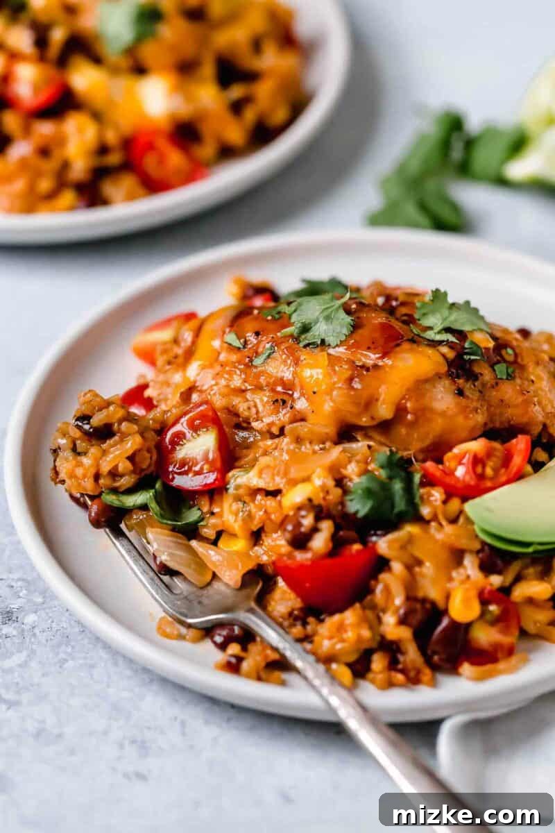 This one-pot BBQ chicken and rice is a weeknight meal saver! It is loaded with flavor and it's basically like having your favorite BBQ restaurant chicken and rice dish at home! One-pot BBQ chicken and rice simmering in a skillet, nearly ready to be served.