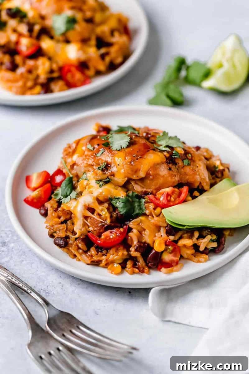 This one-pot BBQ chicken and rice is a weeknight meal saver! It is loaded with flavor and it's basically like having your favorite BBQ restaurant chicken and rice dish at home! A close-up of a serving of one-pot BBQ chicken and rice, highlighting the rich colors and textures.