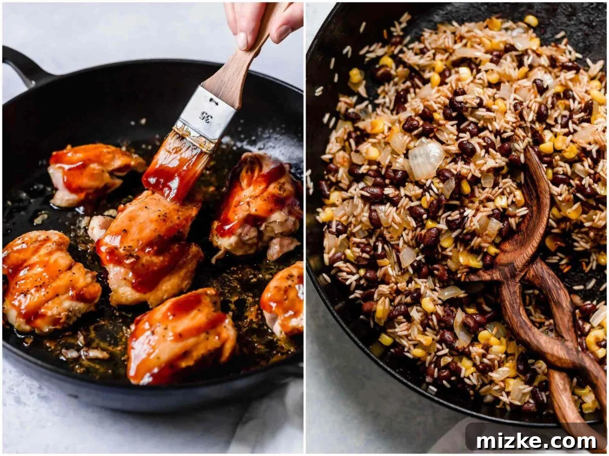 This one-pot BBQ chicken and rice is a weeknight meal saver! It is loaded with flavor and it's basically like having your favorite BBQ restaurant chicken and rice dish at home! Overhead shot of the one-pot BBQ chicken and rice in a skillet, ready for serving.