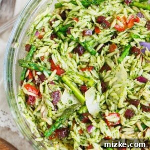 Verde Orzo with Arugula Spinach Pesto 5 A delicious bowl of Arugula Spinach Pesto Orzo Salad ready to be enjoyed.