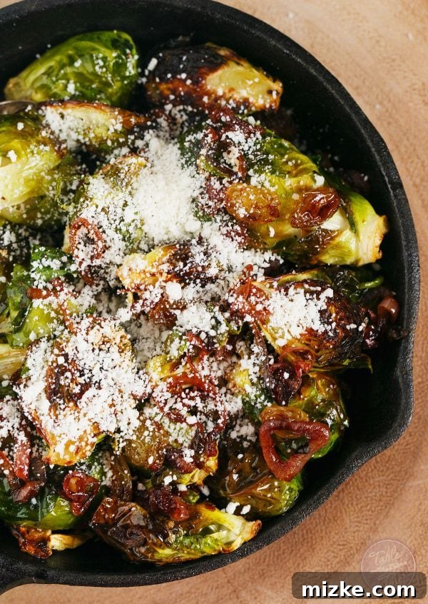 Overhead view of a prepared serving of the roasted brussels sprouts, highlighting the rich colors and textures of the ingredients arranged on a plate.
