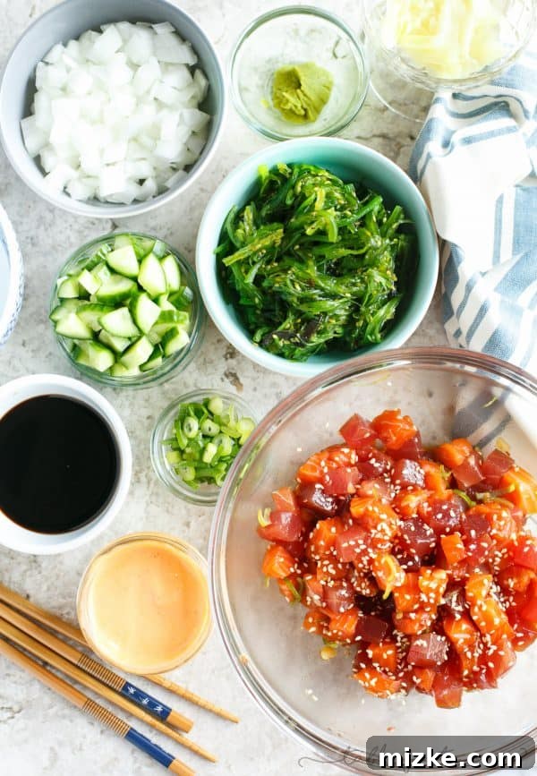 Island Poke Collective 2 A vibrant, custom-made poke bowl filled with fresh tuna, salmon, and an array of colorful toppings, ready to be enjoyed.