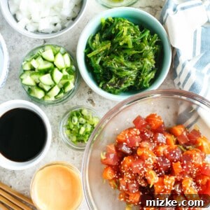A beautifully presented homemade poke bowl featuring fresh tuna, salmon, and a variety of toppings.