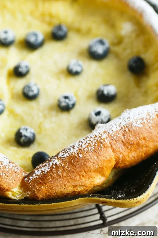 Zesty Blueberry Puff Pancake 3 Close-up of a Lemon Blueberry Dutch Baby, golden and fluffy
