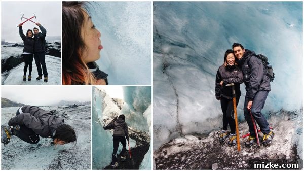 Five Days in Iceland The Vík Experience 12 Collage of various scenes from a Sólheimajökull glacier walk, including ice formations and equipment