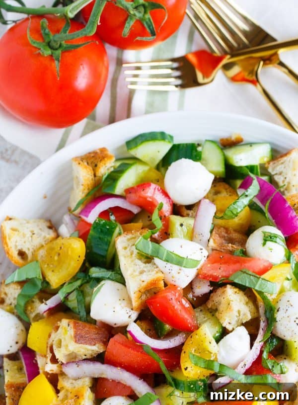 Vibrant Summer Panzanella 4 A delightfully light and refreshing summer panzanella salad for your dinner table! This is a great way to use up all the abundant summer produce and a great dinner side item or even as an entree!