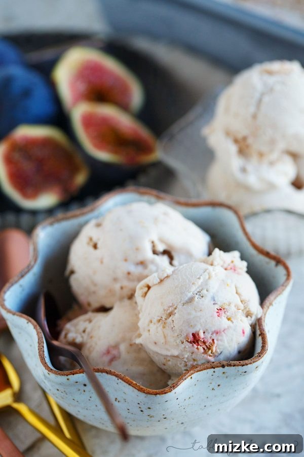 Decadent Fig Honey Mascarpone Ice Cream 3 Close-up of creamy fig and honey mascarpone ice cream, highlighting its exquisite texture and beautiful color.