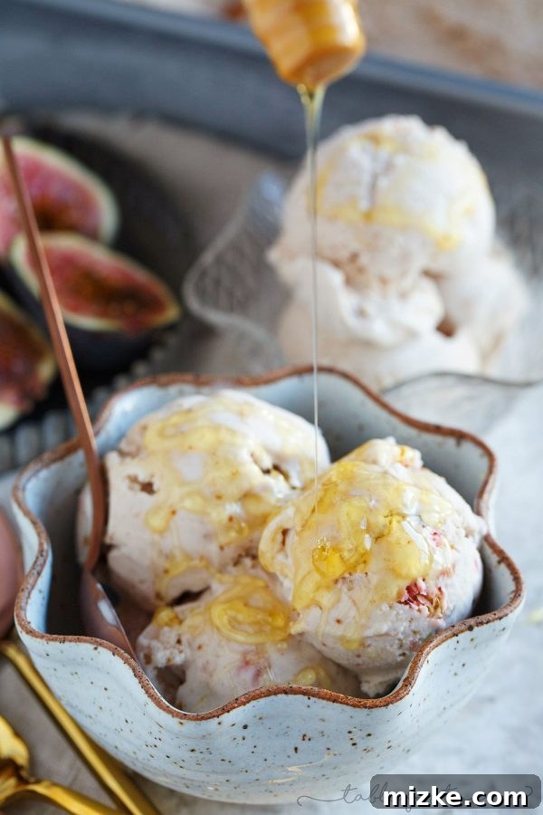 Decadent Fig Honey Mascarpone Ice Cream 5 A scoop of fig and honey mascarpone ice cream drizzled with extra golden honey, enhancing its visual appeal.