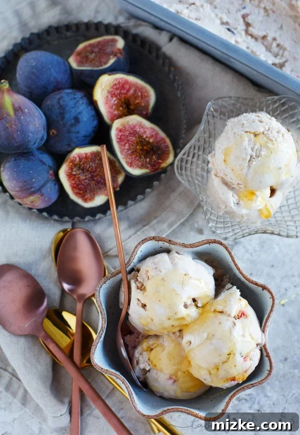 Decadent Fig Honey Mascarpone Ice Cream 6 Delicious fig and honey mascarpone ice cream in a serving bowl, showcasing its creamy texture and inviting appeal.