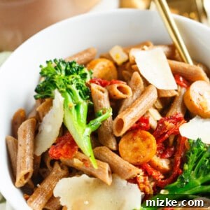 Whole Wheat Penne with Broccoli Rabe, Chicken Sausage, and Sundried Tomatoes