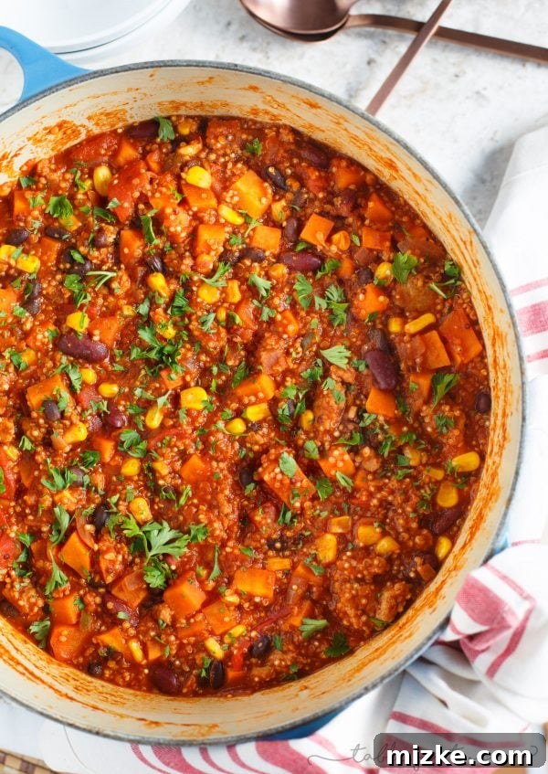 Wholesome One-Pot Turkey Quinoa Chili 3 Close-up of hearty stovetop turkey quinoa chili, showcasing its thick texture and wholesome ingredients.