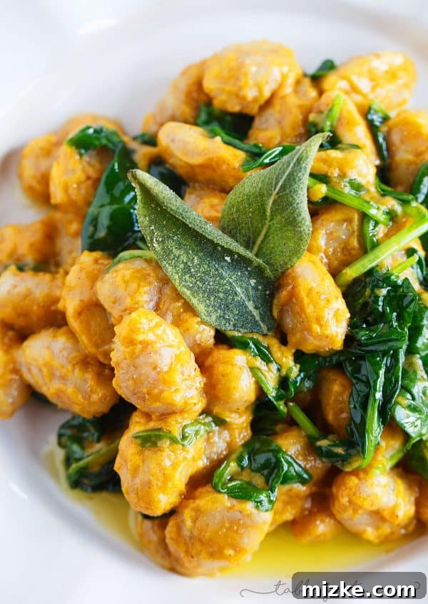 Wholesome Whole Wheat Gnocchi with Brown Butter and Sage Pumpkin Sauce 3 Close-up of whole wheat gnocchi tossed in a vibrant pumpkin and brown butter sauce, adorned with crispy sage leaves.