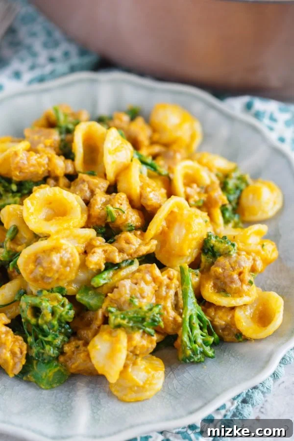 Golden Pumpkin Mascarpone Orecchiette with Zesty Sausage and Broccolini 3 Top-down view of a bowl of savory pumpkin mascarpone orecchiette pasta, showing the vibrant orange sauce, crumbled spicy sausage, and crisp broccolini florets.