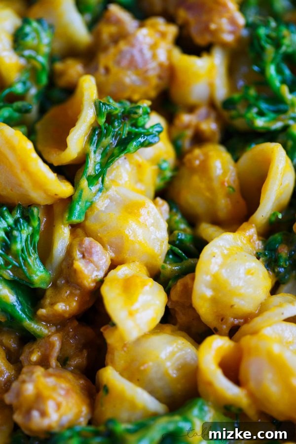 Zesty Sausage and Creamy Pumpkin Orecchiette with Broccolini 5 Overhead view of a prepared dish of Pumpkin Mascarpone Orecchiette with a rustic presentation, ready to be enjoyed.