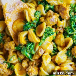 Savory pumpkin dishes are ideal for fall, and this pumpkin mascarpone orecchiette with spicy sausage and broccolini is a family favorite.
