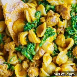 Savory pumpkin dishes are the way to go this Fall if you're in a dinner rut! This pumpkin mascarpone orecchiette with spicy sausage and broccolini will satisfy every person in your family! The pumpkin and mascarpone makes the creamiest sauce and the spicy sausage gives this pasta dish the perfect salty and spicy bite. You will make this over and over again! It's not just a Fall dish!