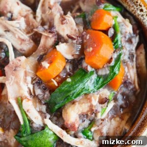 A close-up image of the slow cooker turkey and wild rice stew, garnished with fresh parsley.