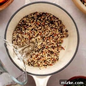 Water being poured into a white pot containing a mix of uncooked wild rice, surrounded by bowls with chopped onions, herbs, and other ingredients.