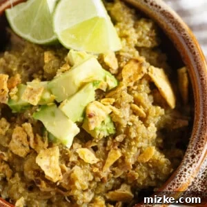 Slow cooker salsa verde pork served in a bowl with a spoon and garnished with avocado and lime, ready for a satisfying meal.