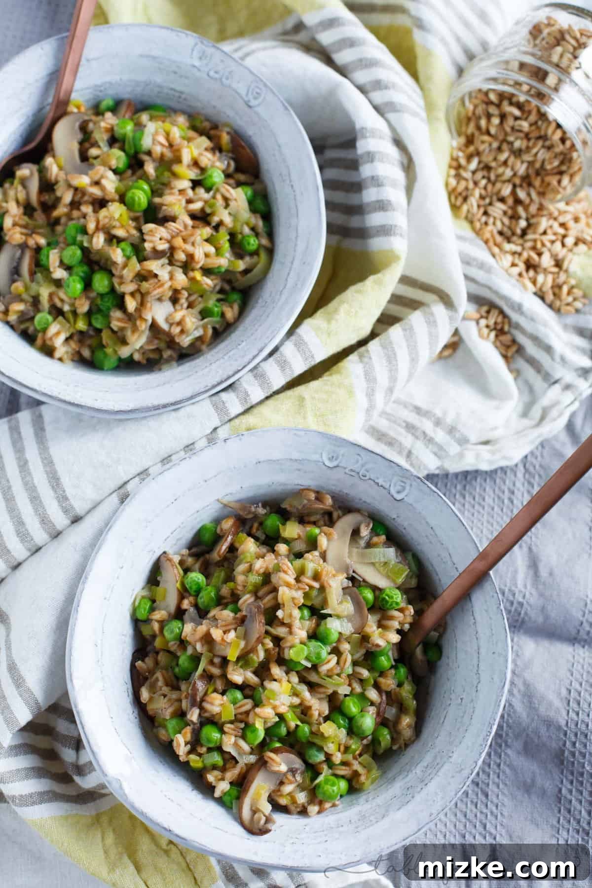 Wholesome Leek Mushroom and Pea Farro 3 A great way to use farro in this flavorful dish! Filled with leeks, mushrooms, peas, and lots of parmesan cheese; this cozy farro dish is a quick one to whip up anytime of the week!