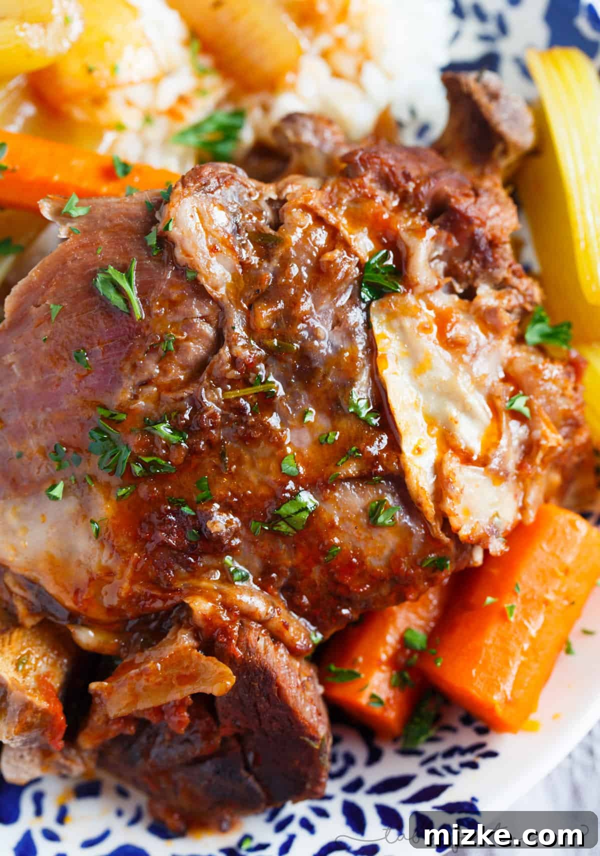 Braised Osso Buco in the Slow Cooker 3 Closeup of slow cooker osso buco, showcasing the rich sauce and tender veal.