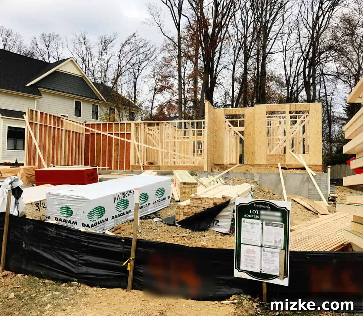 Our new home's initial framing materials delivered and stacked, awaiting assembly