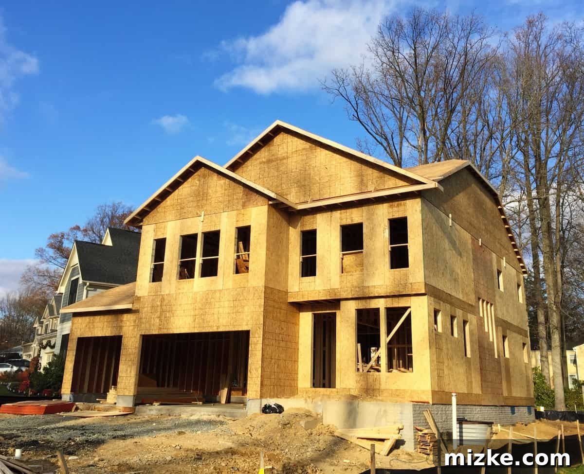 The fully framed house, under roof, ready for the next stages of construction