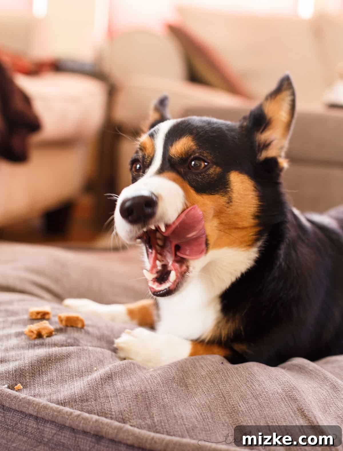 Corgi enjoying his dog treat with gusto