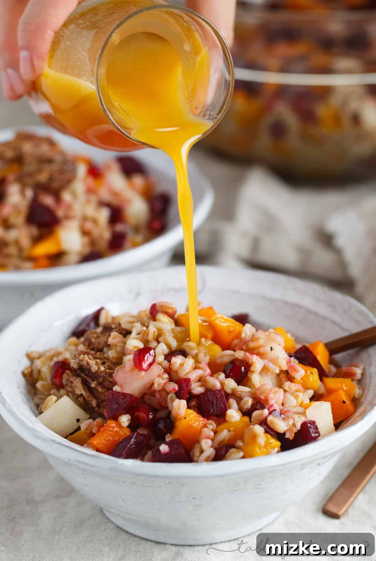 Hearty Winter Farro Salad with Zesty Blood Orange Vinaigrette 5 This winter farro salad can turn any drab winter day to a bright one! The farro salad is full of vibrant colors and ingredients and topped off with a sweet and tangy blood orange vinaigrette that finishes the salad perfectly!