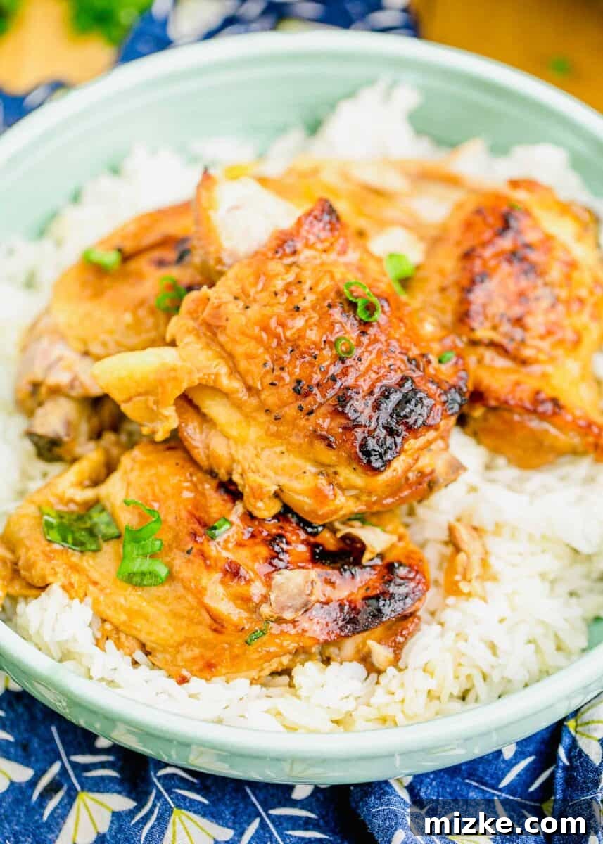 chicken adobo plated on a bed of white rice on a teal plate