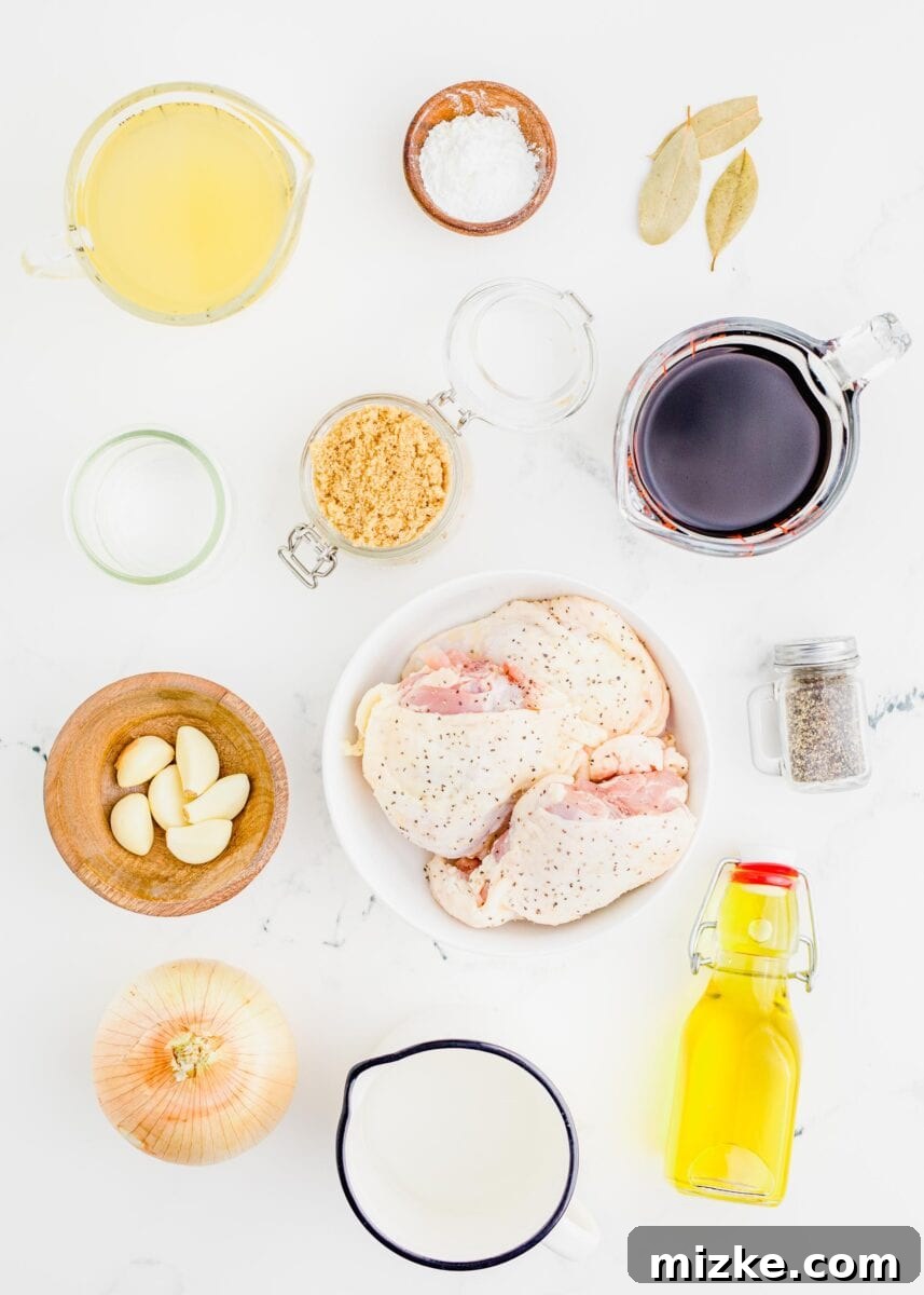 ingredients for chicken adobo: soy sauce, pepper, oil, onion, garlic, brown sugar, chicken stock, bay leaves, cornstarch