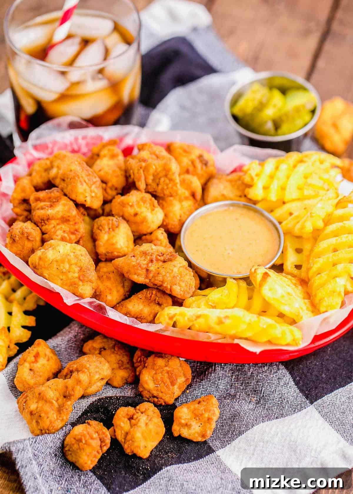 Crispy Homestyle Chick-Fil-A Nuggets 3 Basket of chicken nuggets and waffle fries with dipping sauce, with nuggets on napkin in foreground
