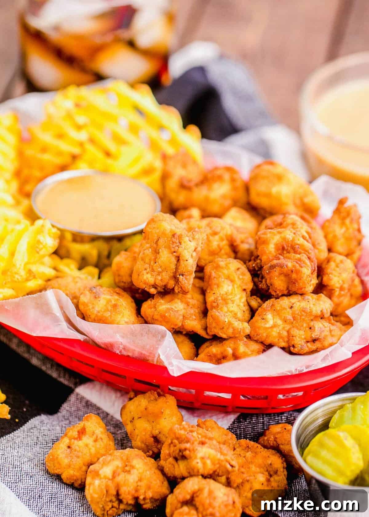 Crispy Homestyle Chick-Fil-A Nuggets 6 Chicken nuggets in basket with dipping sauce and waffle fries