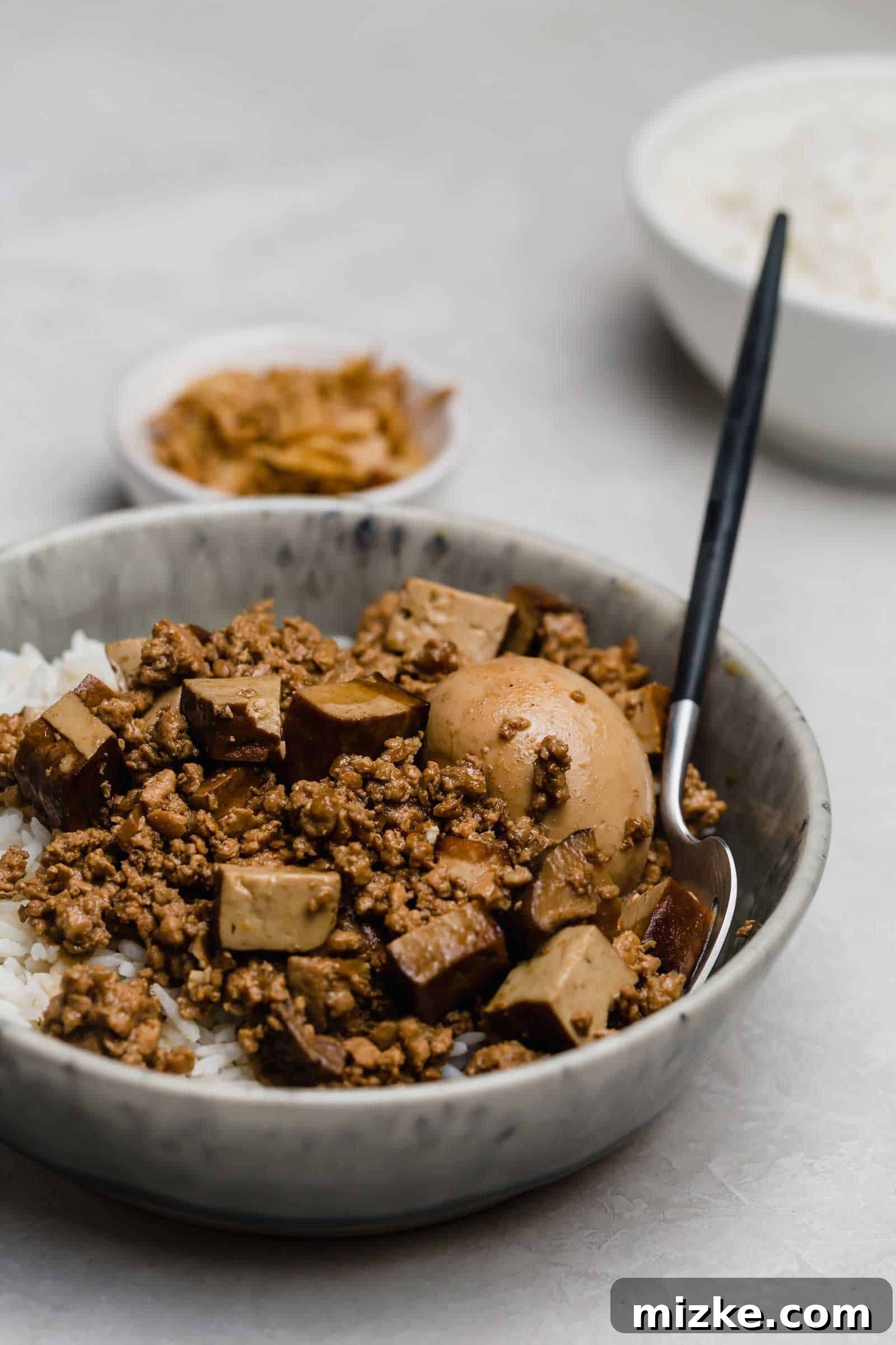 A portion of Ro Zao with ground pork, mushrooms, tofu, and a braised egg. Close-up of a rich serving of Taiwanese Braised Minced Pork, showcasing the tender ground pork, savory mushrooms, firm tofu, and a beautifully braised hard-boiled egg, all ready to be served.