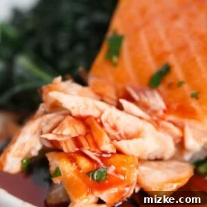 A delicious Cherry Chipotle Glazed Salmon fillet with a rich, glossy sauce, garnished beautifully.
