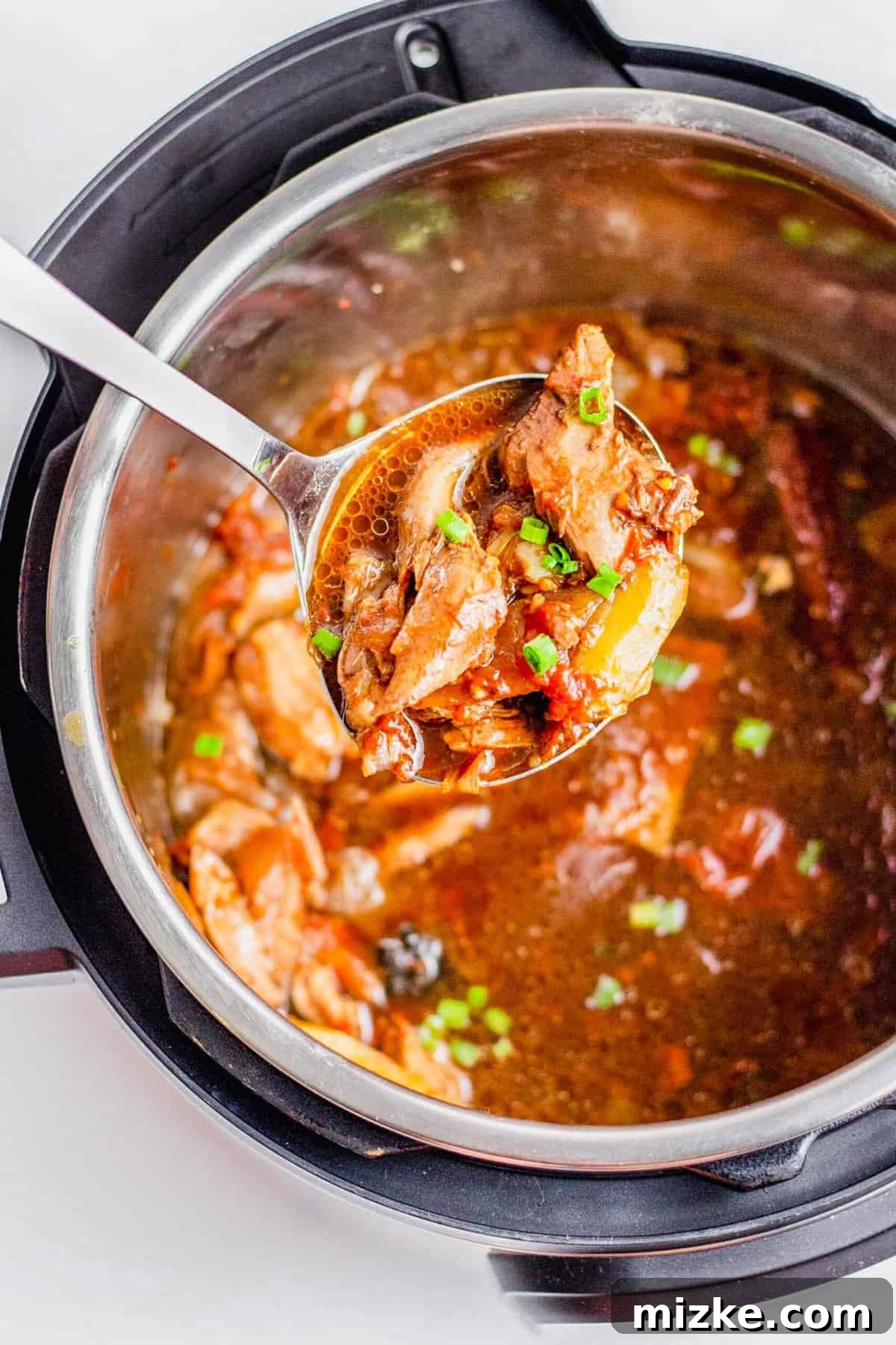 Quick and delicious: Instant Pot Taiwanese Beef Noodle Soup for a satisfying meal. Overhead view of a ladle full of rich Taiwanese beef noodle soup, with the Instant Pot visible in the background