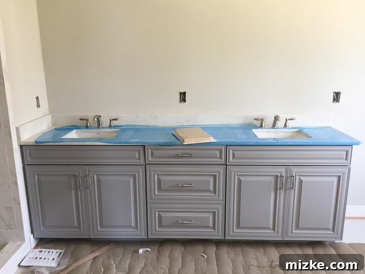 The Final Push 8 Sophisticated cabinetry chosen for a spa-like master bathroom in a new construction home.