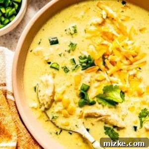 A spoonful of creamy chicken poblano soup with shredded chicken and corn, ready to eat.